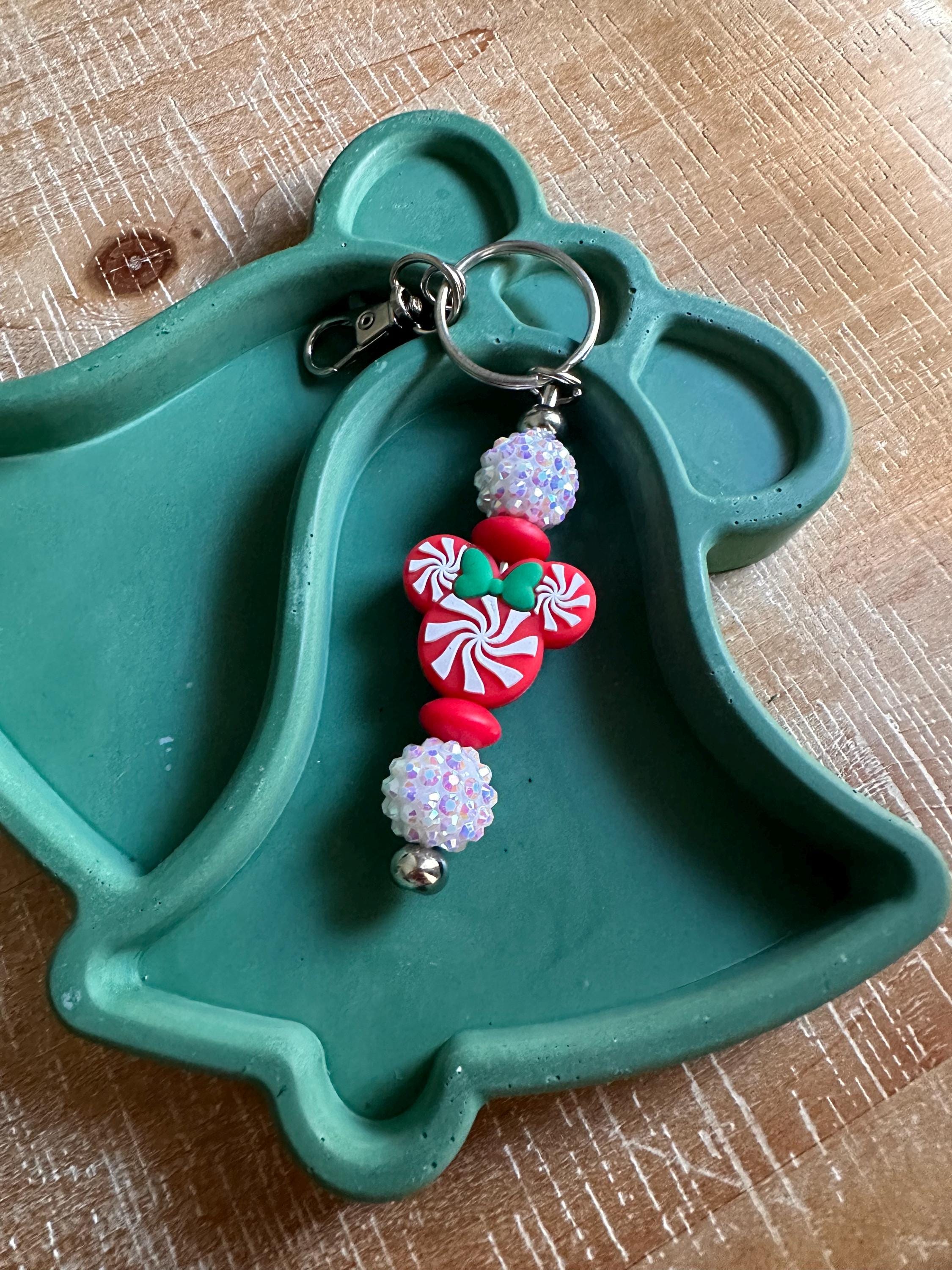 Candy Cane Mouse Head Keychain Beaded Christmas Bag Charm Magical Ears Bag Charm Key Charm Christmas Gift Holiday Keychain New Car Gift