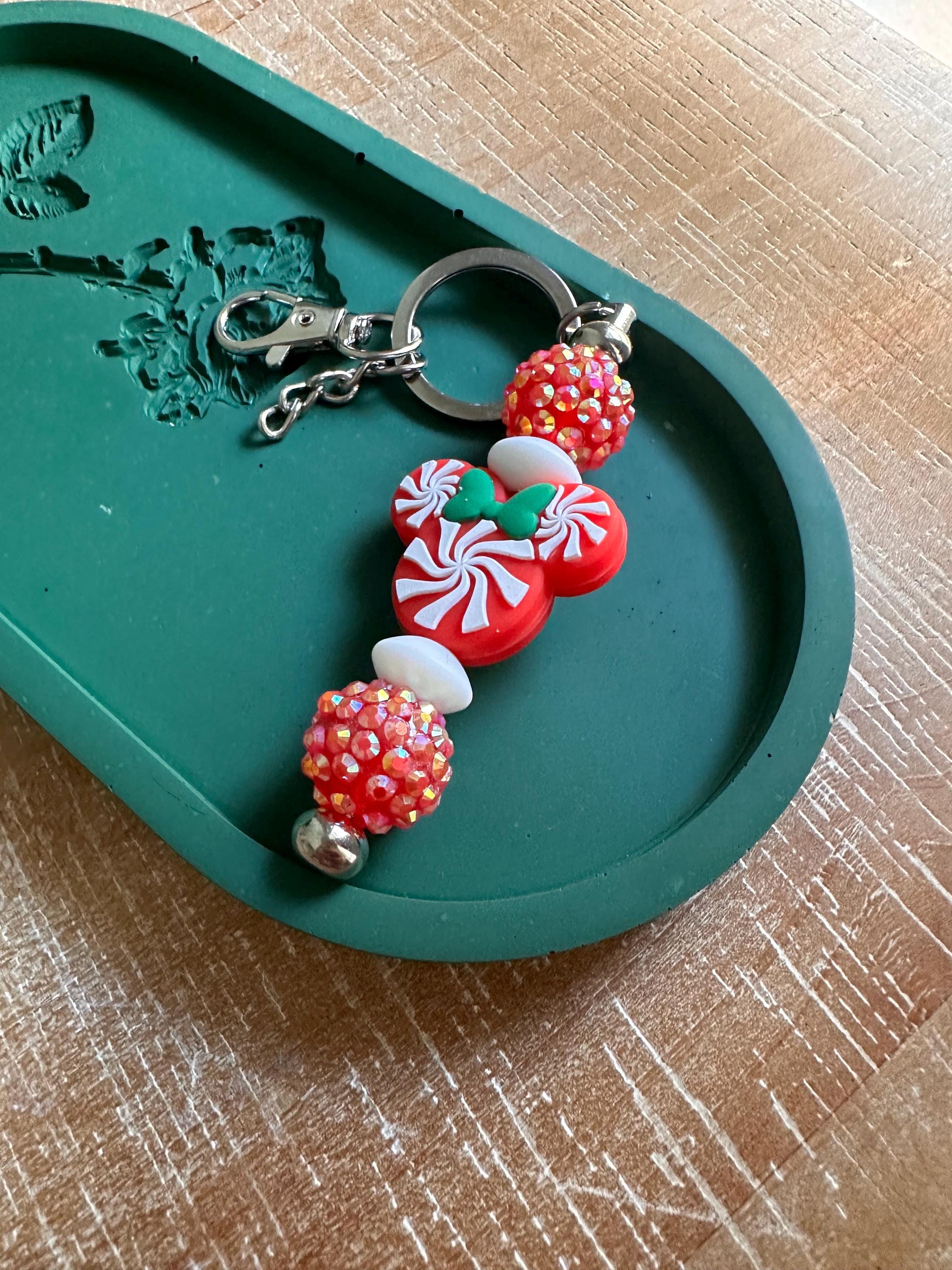 Candy Cane Mouse Head Keychain Beaded Christmas Bag Charm Magical Ears Bag Charm Key Charm Christmas Gift Holiday Keychain New Car Gift