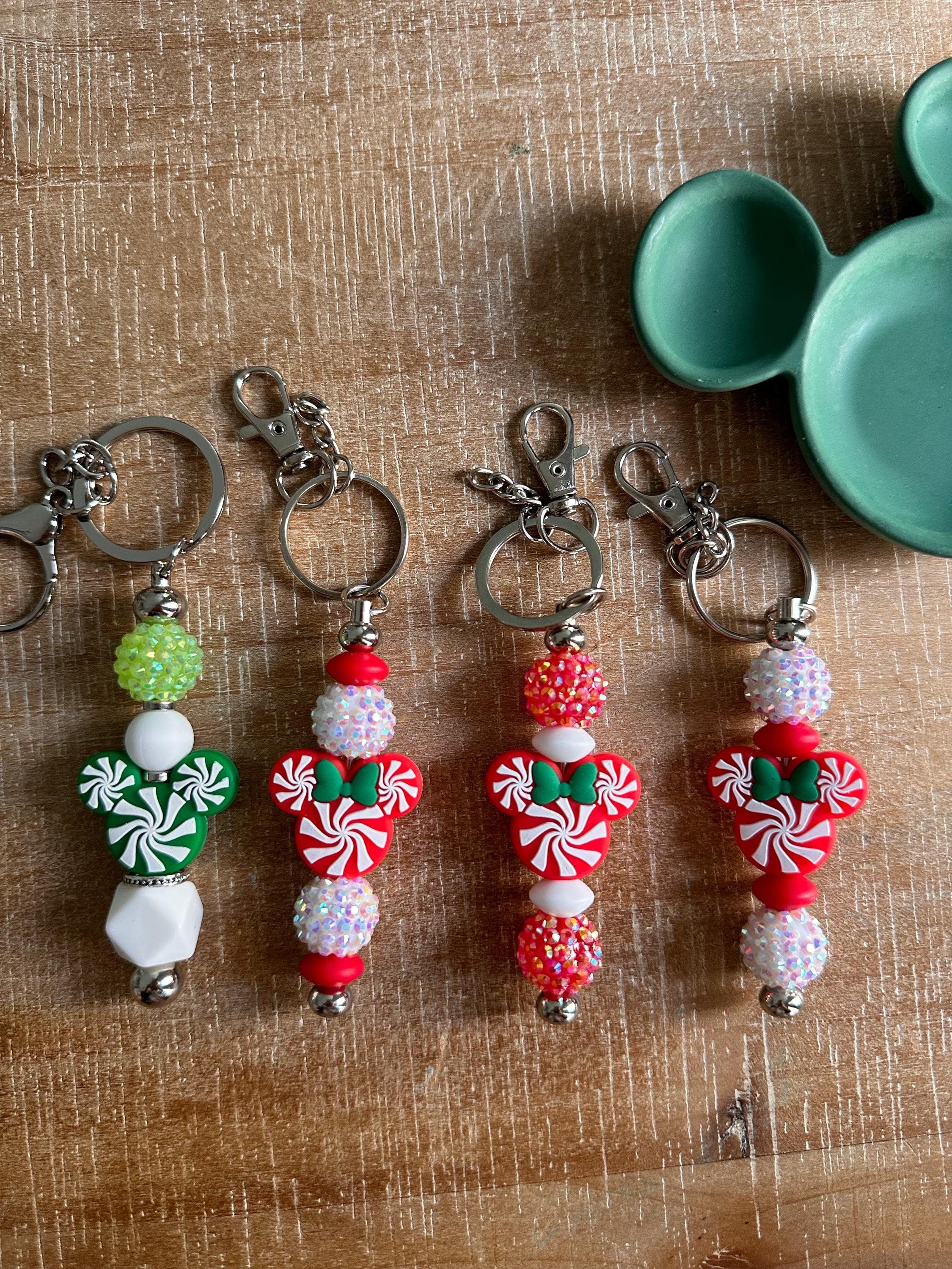Candy Cane Mouse Head Keychain Beaded Christmas Bag Charm Magical Ears Bag Charm Key Charm Christmas Gift Holiday Keychain New Car Gift