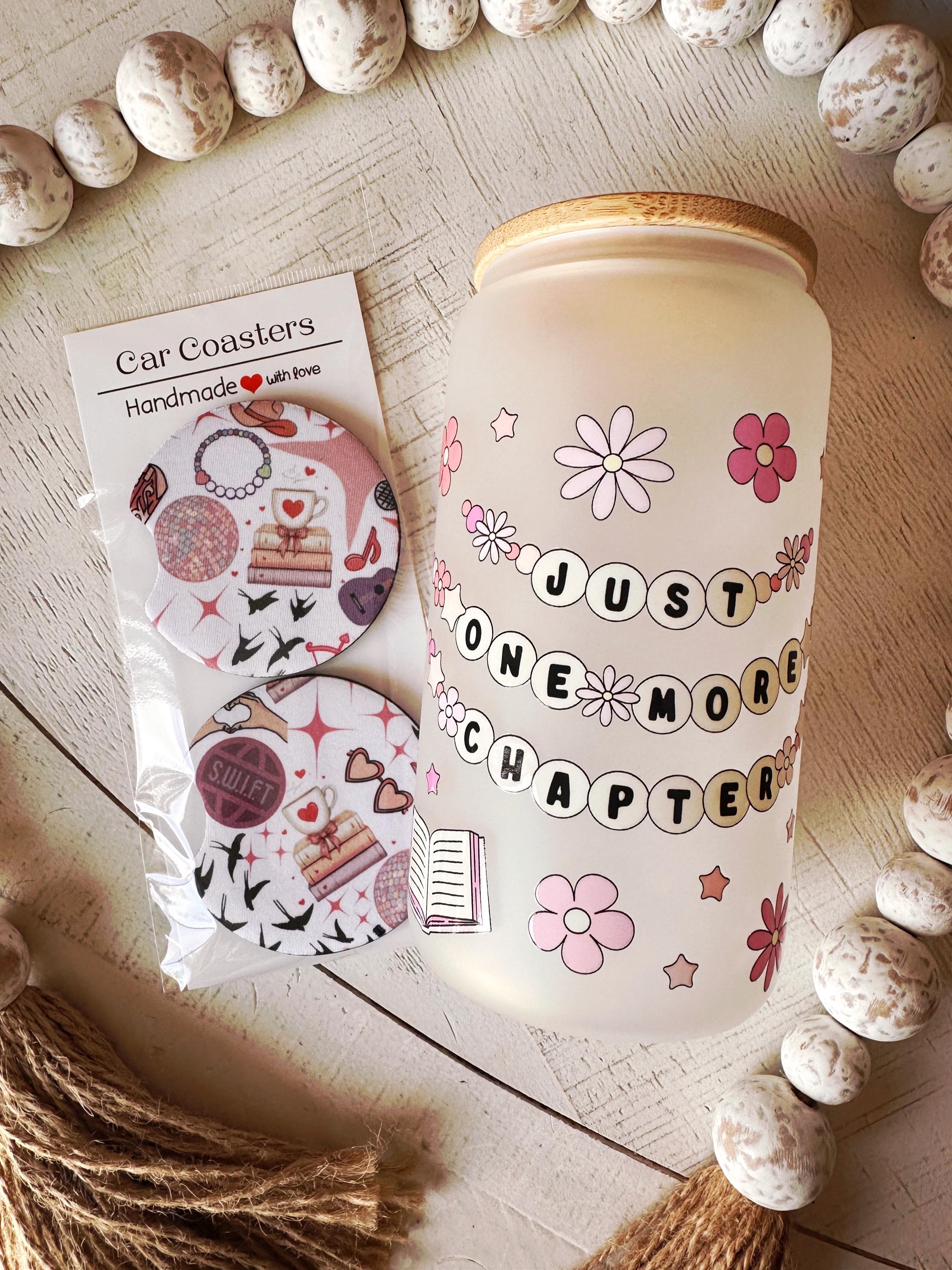 Trendy Tay Car Coaster Set of 2 Absorbent Cup Holder Inserts Book Lover Auto Decor Teen First Car Gift