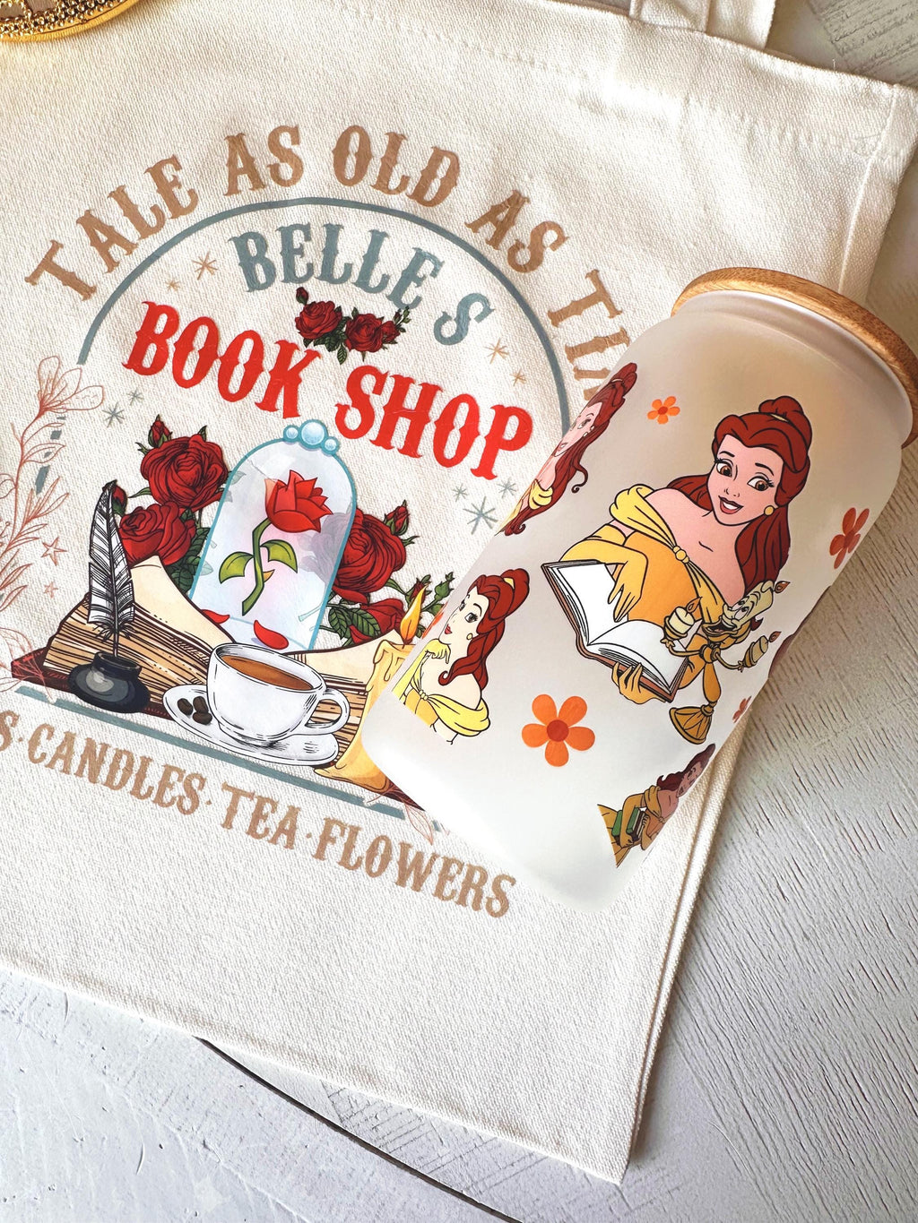 Princess Book Tote Bag Belle Book Shop Reusable Canvas Tote Book Lover Library Reading Bookish Bag