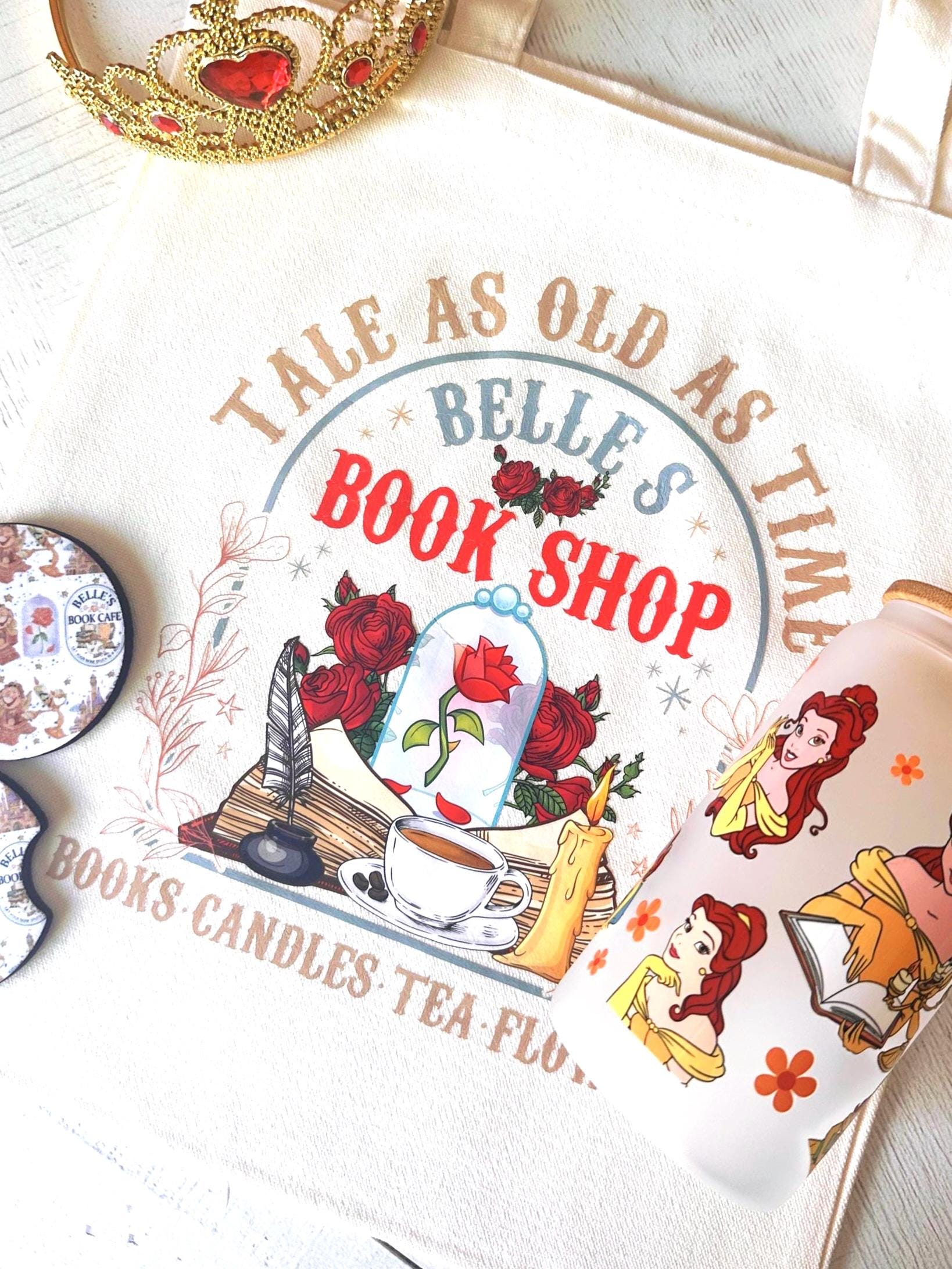Princess Book Tote Bag Belle Book Shop Reusable Canvas Tote Book Lover Library Reading Bookish Bag