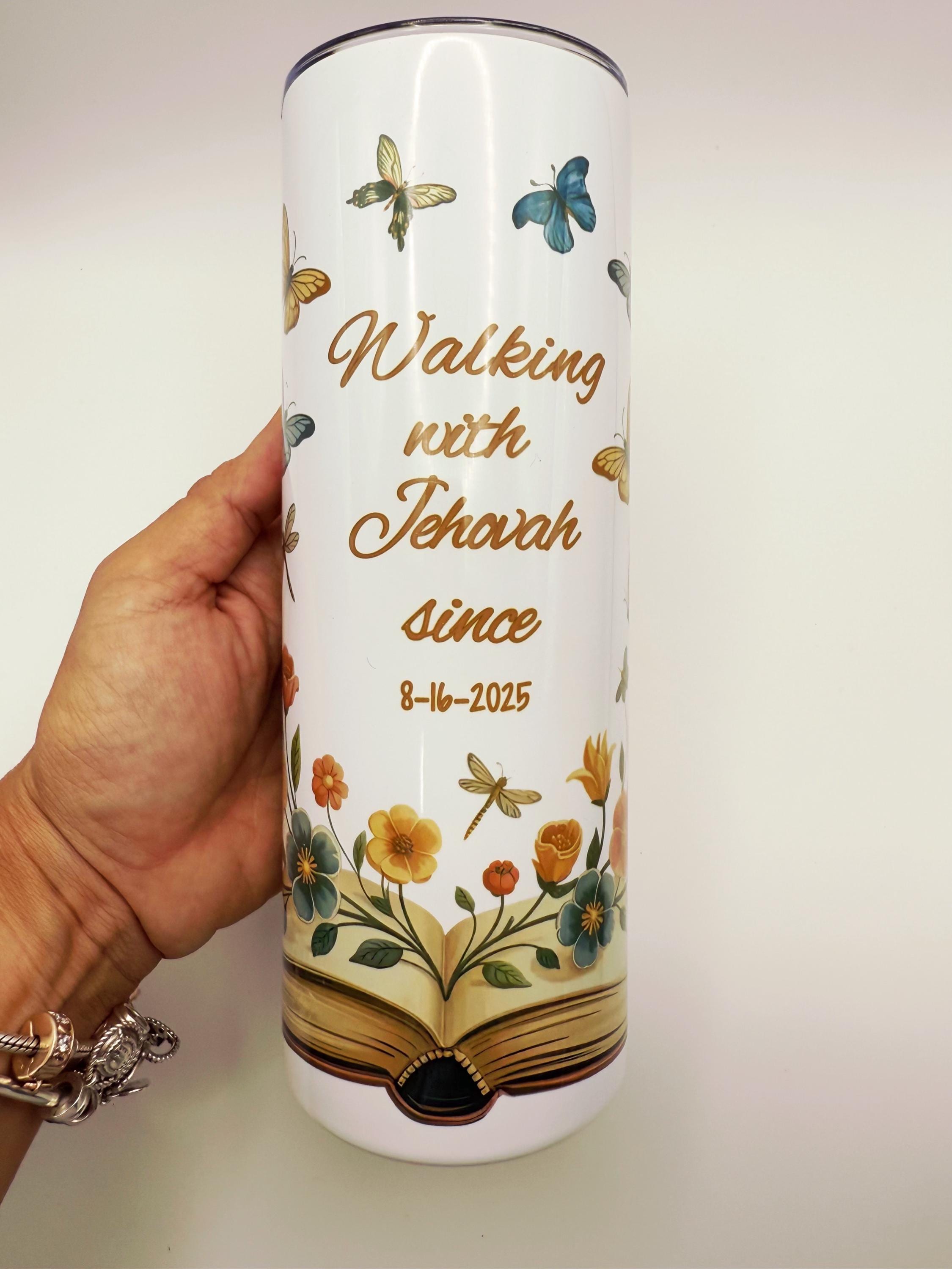 Walking With Jehovah Personalized Tumbler – Baptism Gift, Spiritual Milestone, Butterfly Floral Book Design, 20oz Stainless Steel Travel Cup