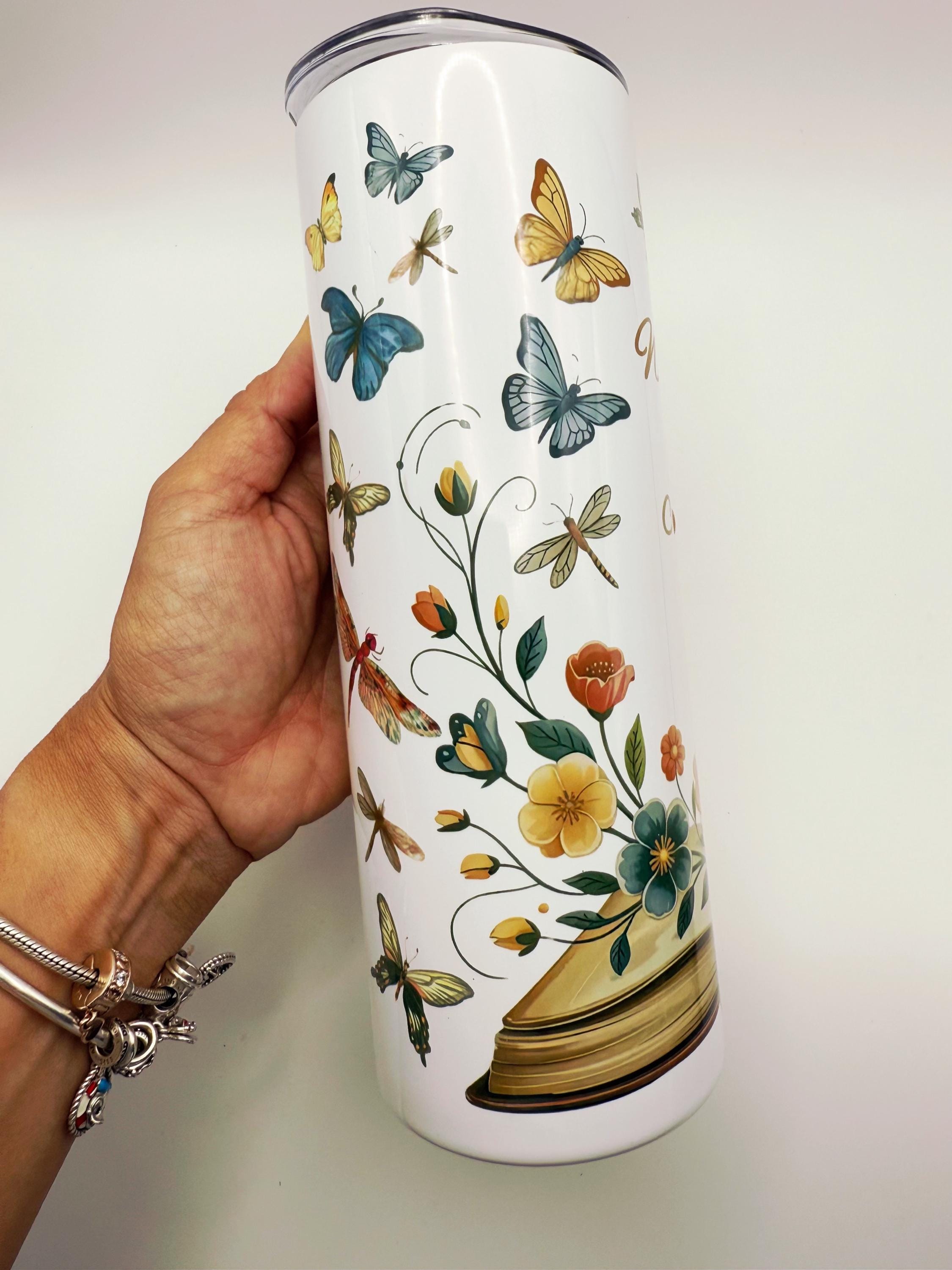 Walking With Jehovah Personalized Tumbler – Baptism Gift, Spiritual Milestone, Butterfly Floral Book Design, 20oz Stainless Steel Travel Cup