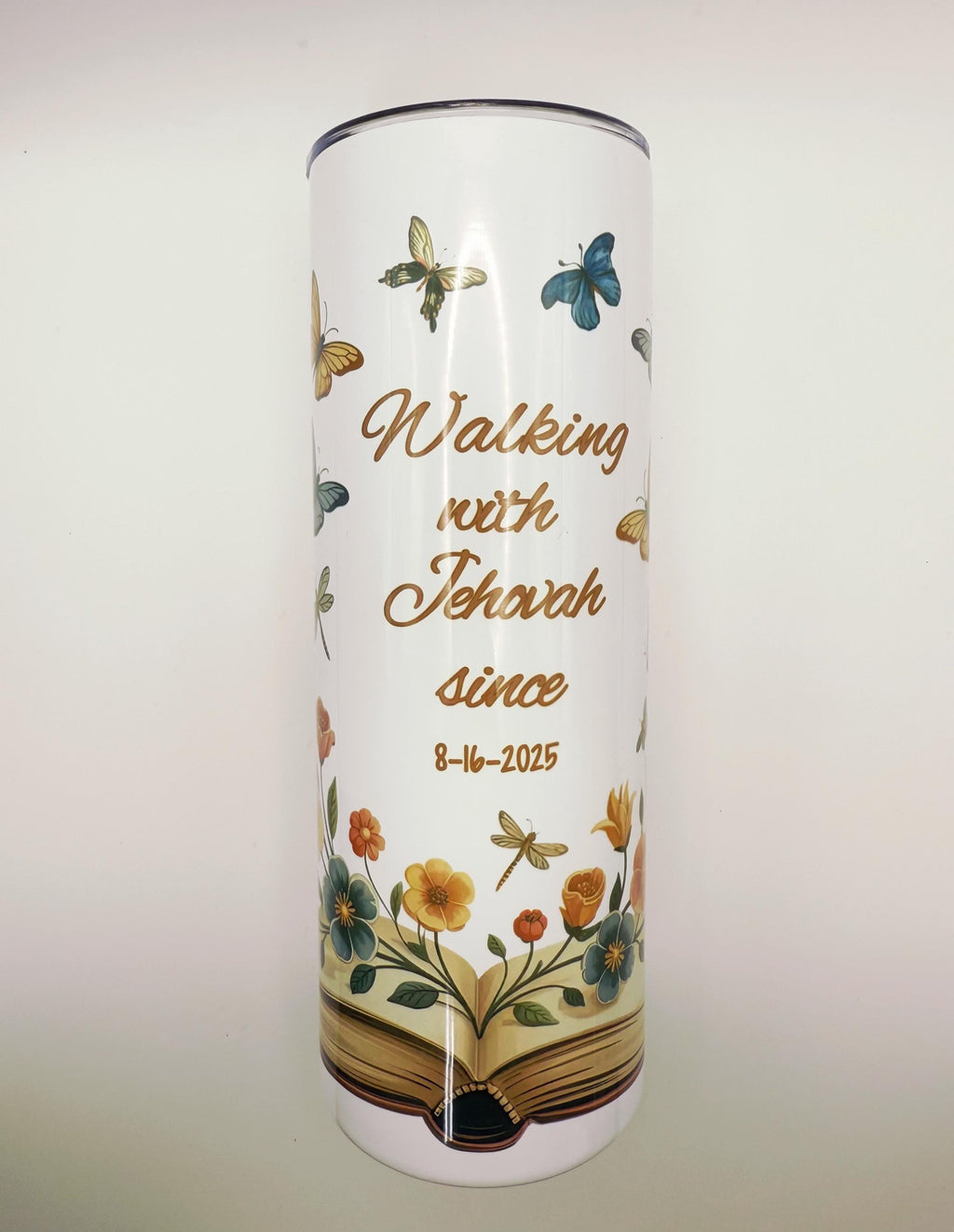 Walking With Jehovah Personalized Tumbler – Baptism Gift, Spiritual Milestone, Butterfly Floral Book Design, 20oz Stainless Steel Travel Cup