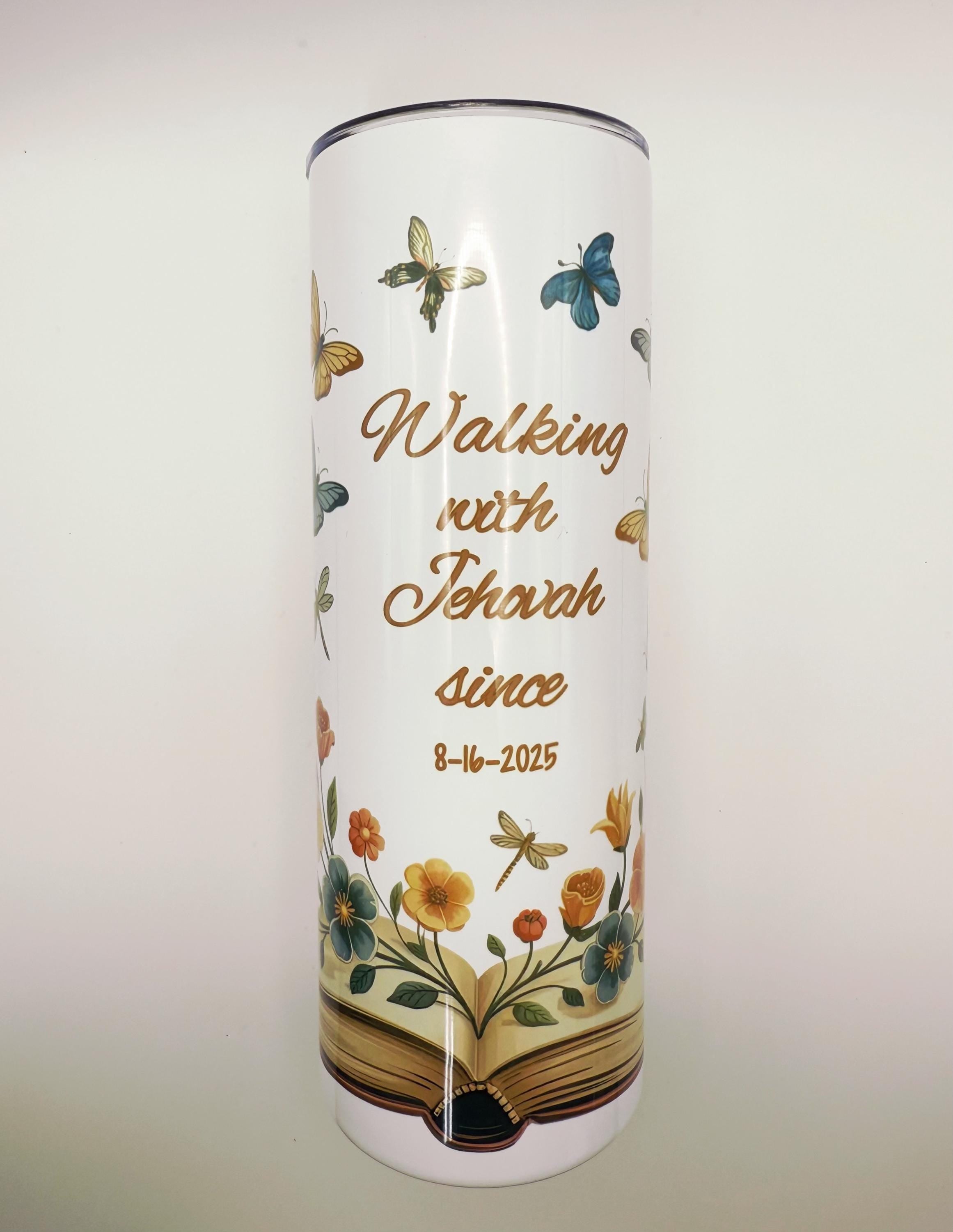 Walking With Jehovah Personalized Tumbler – Baptism Gift, Spiritual Milestone, Butterfly Floral Book Design, 20oz Stainless Steel Travel Cup
