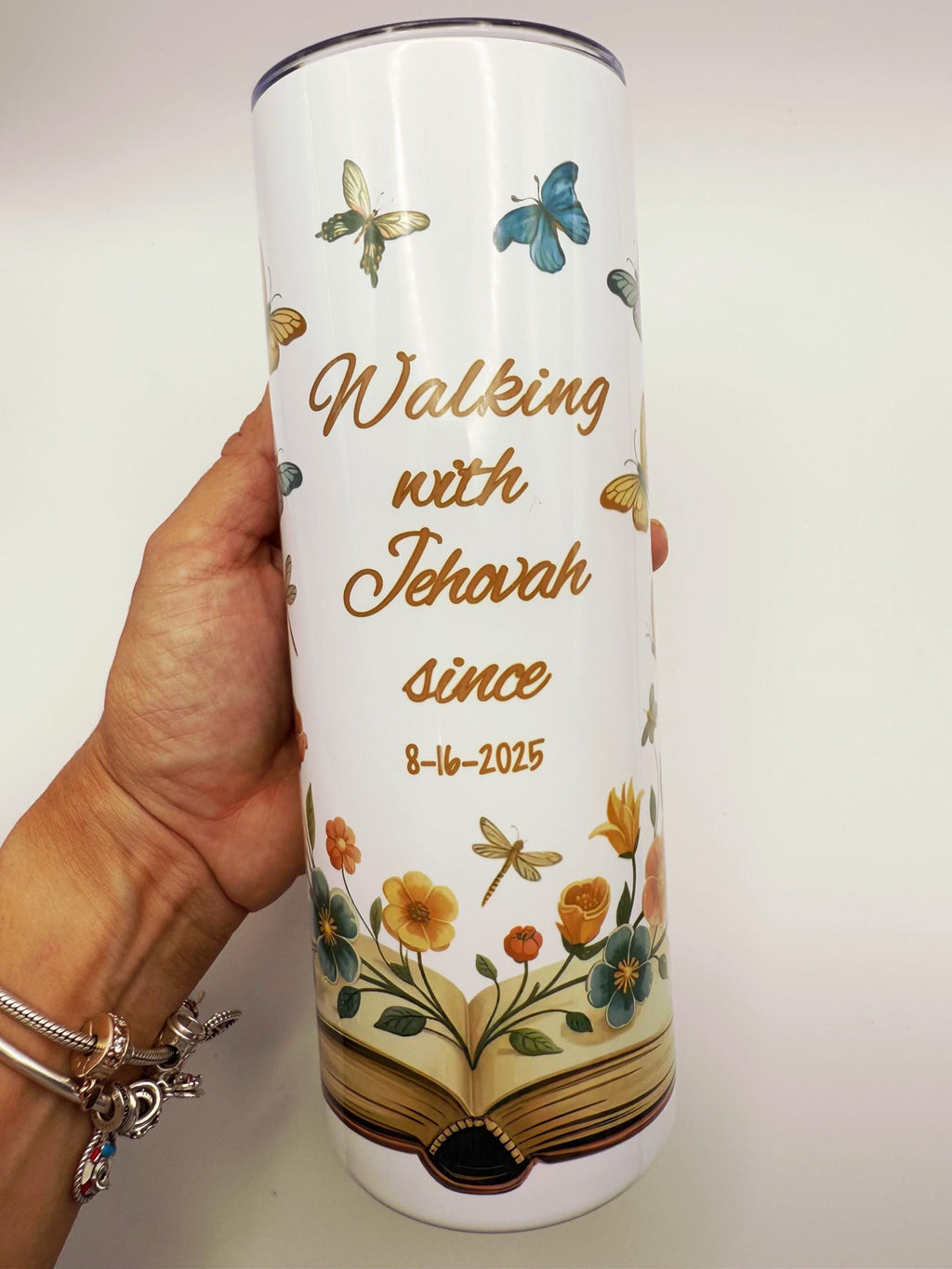 Walking With Jehovah Personalized Tumbler – Baptism Gift, Spiritual Milestone, Butterfly Floral Book Design, 20oz Stainless Steel Travel Cup