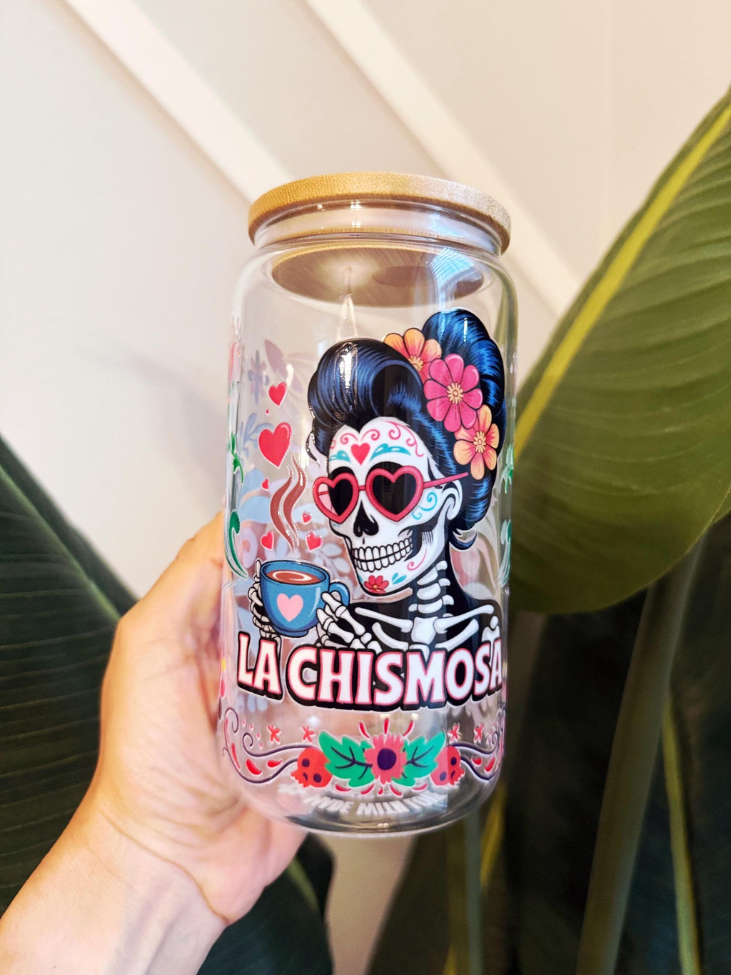 Dia De Los Muertos Glass Cup Sugar Skull Iced Coffee Cup Calavera Skeleton Glass Tumbler Day of the Dead Halloween Cup La Chismosa 16oz Cup