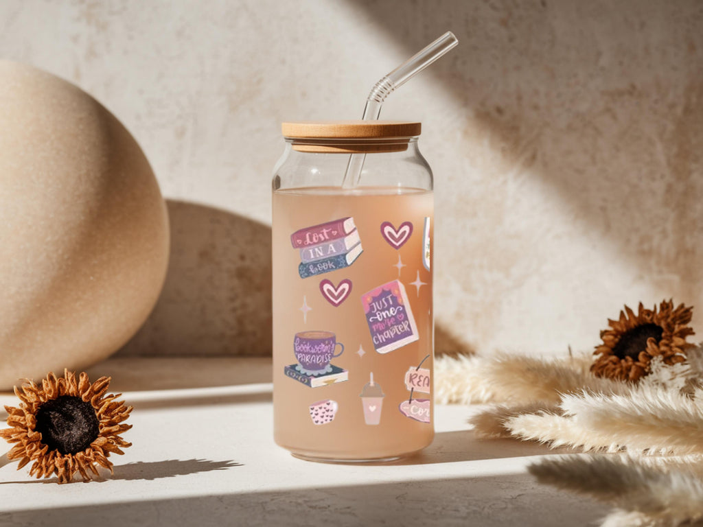 Book Lover Glass Cup 16oz Iced Coffee Glass Kindle Reader Gift Bookish Drinkware Book Club Coffee Cup