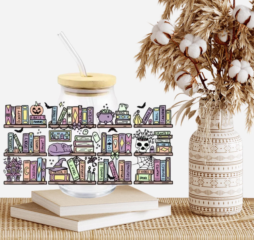 Spooky Bookish Iced Coffee Glass Cup Halloween Bookshelf Design Reader Gift Cozy Book Lover Book Club Drinkware