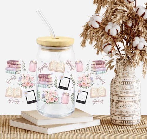Book Lover Glass Cup 16oz Iced Coffee Glass Kindle Reader Gift Bookish Drinkware Book Club Coffee Cup