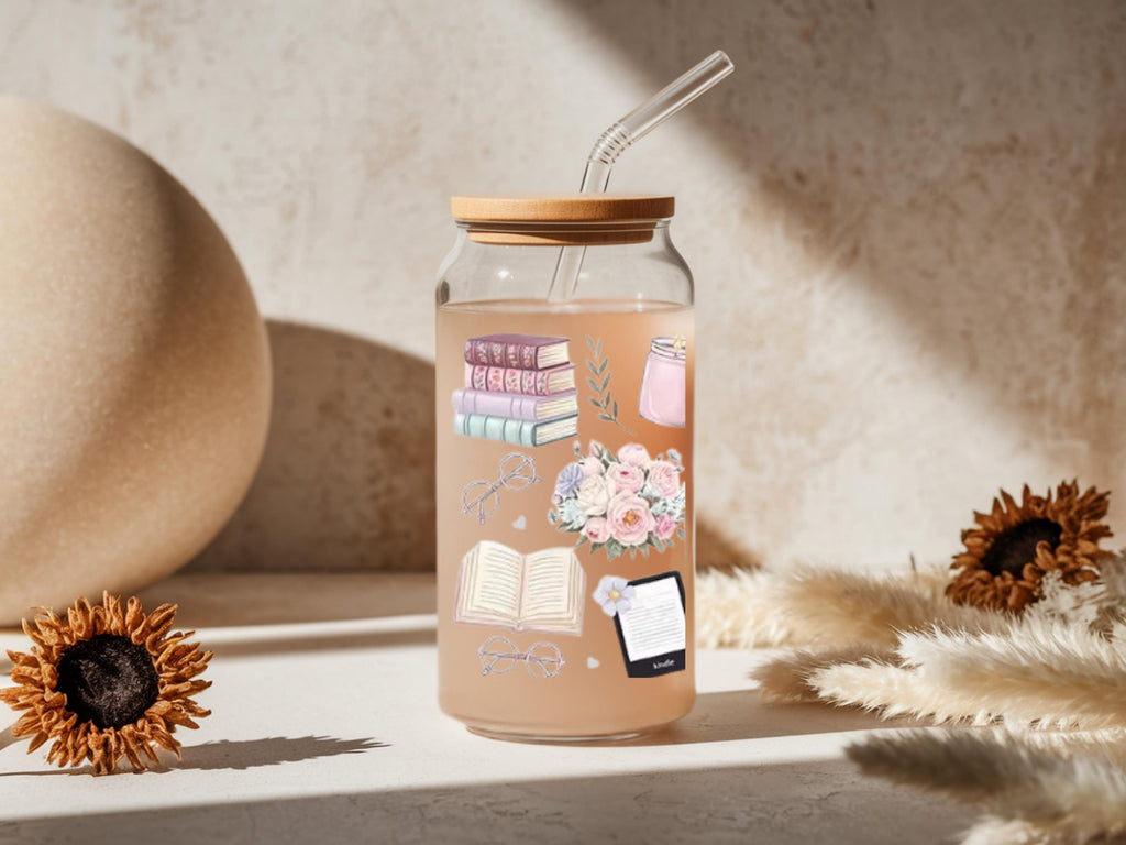 Book Lover Glass Cup 16oz Iced Coffee Glass Kindle Reader Gift Bookish Drinkware Book Club Coffee Cup