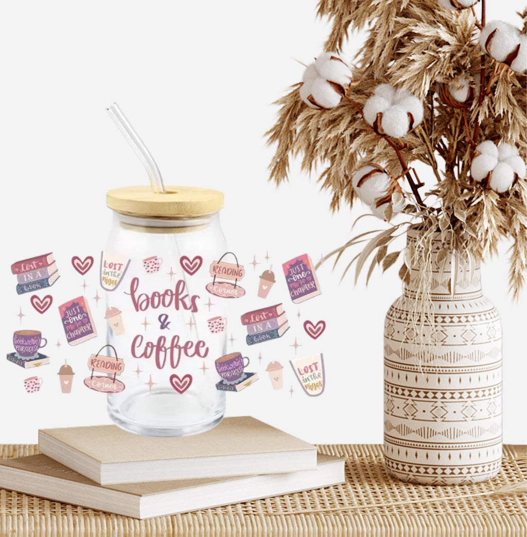 Book Lover Glass Cup 16oz Iced Coffee Glass Kindle Reader Gift Bookish Drinkware Book Club Coffee Cup