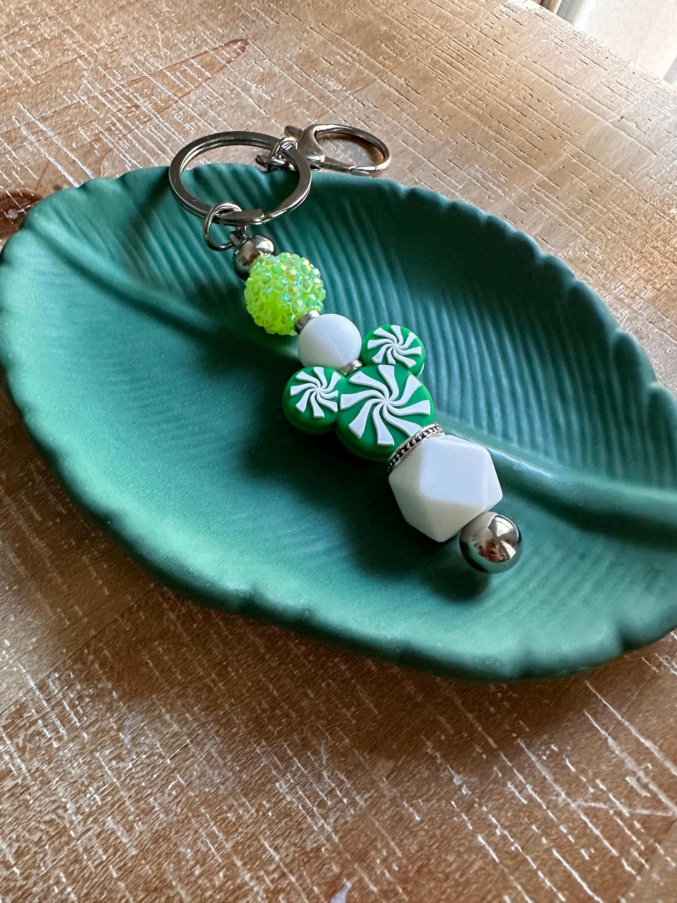 Candy Cane Mouse Head Keychain Beaded Christmas Bag Charm Magical Ears Bag Charm Key Charm Christmas Gift Holiday Keychain New Car Gift