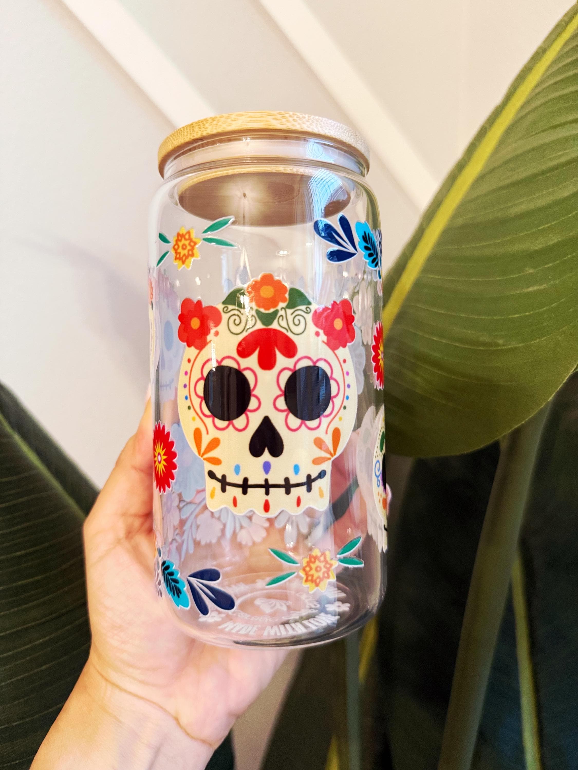 Dia De Los Muertos Glass Cup Sugar Skull Iced Coffee Cup Calavera Skeleton Glass Tumbler Day of the Dead Halloween Cup La Chismosa 16oz Cup