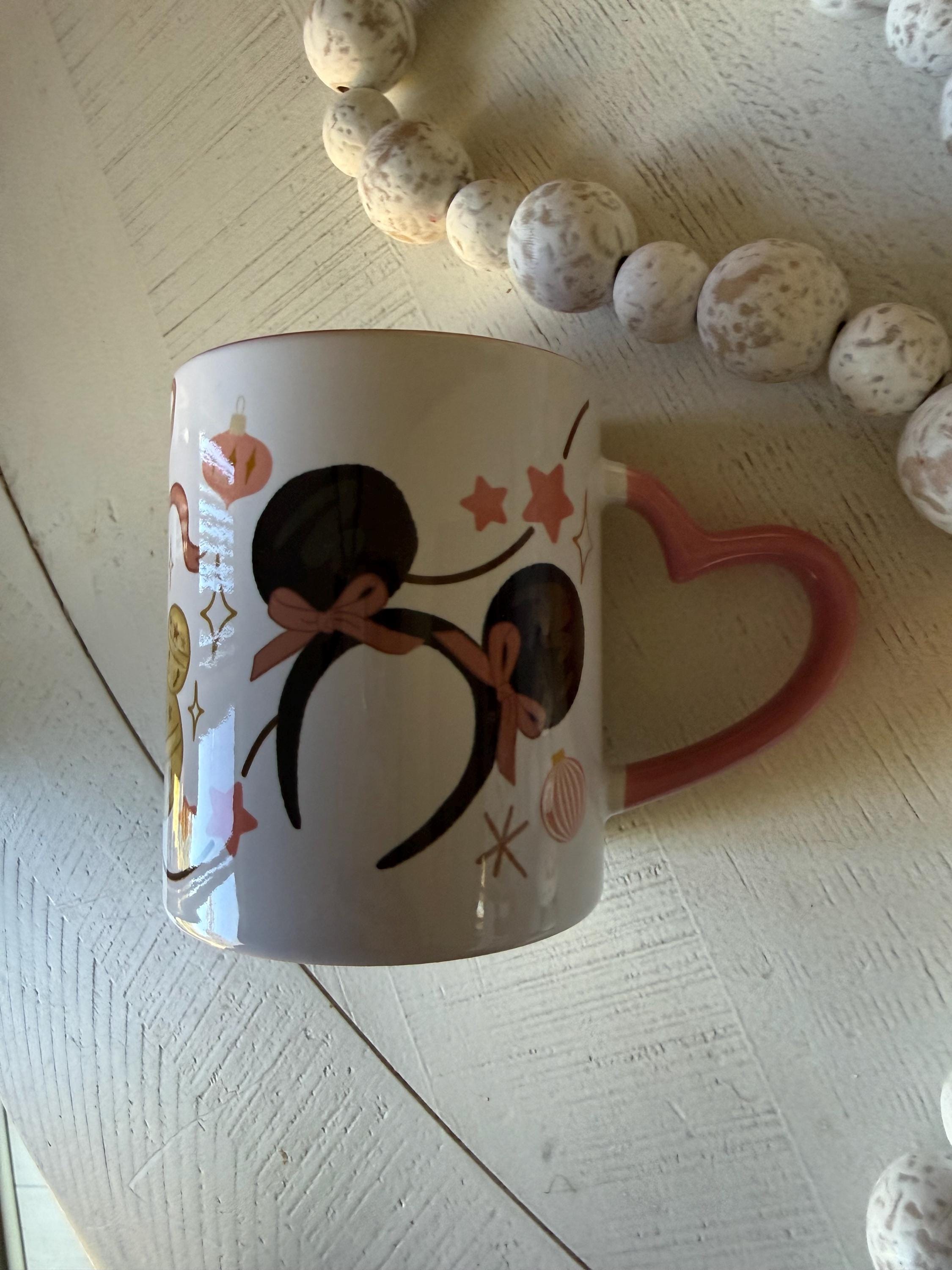 Christmas Mug Holiday Coffee Cup Pink Ceramic Mug Heart Handle Cute Festive Drinkware Handmade Christmas Gift