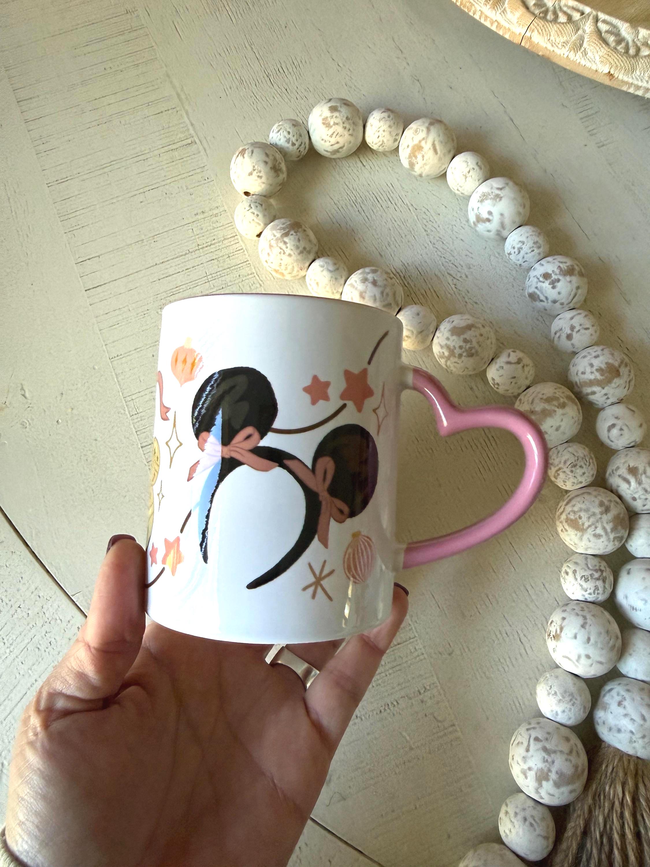 Christmas Mug Holiday Coffee Cup Pink Ceramic Mug Heart Handle Cute Festive Drinkware Handmade Christmas Gift