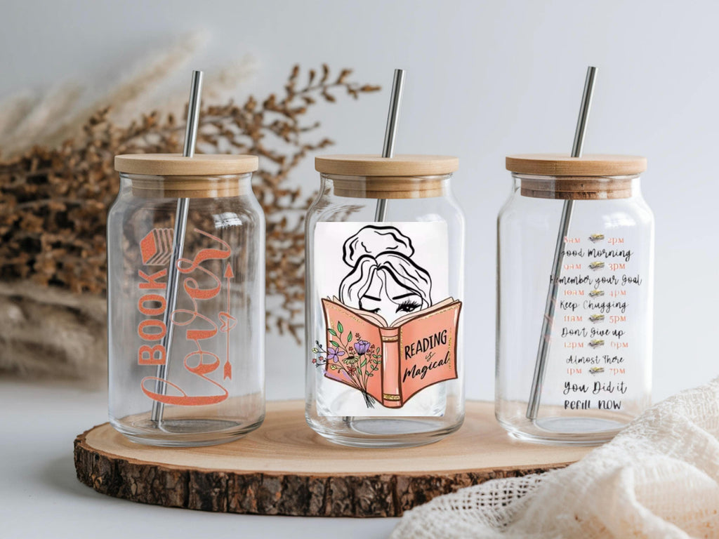 Book Lover Glass Cup 16oz Iced Coffee Glass Kindle Reader Gift Bookish Drinkware Book Club Coffee Cup