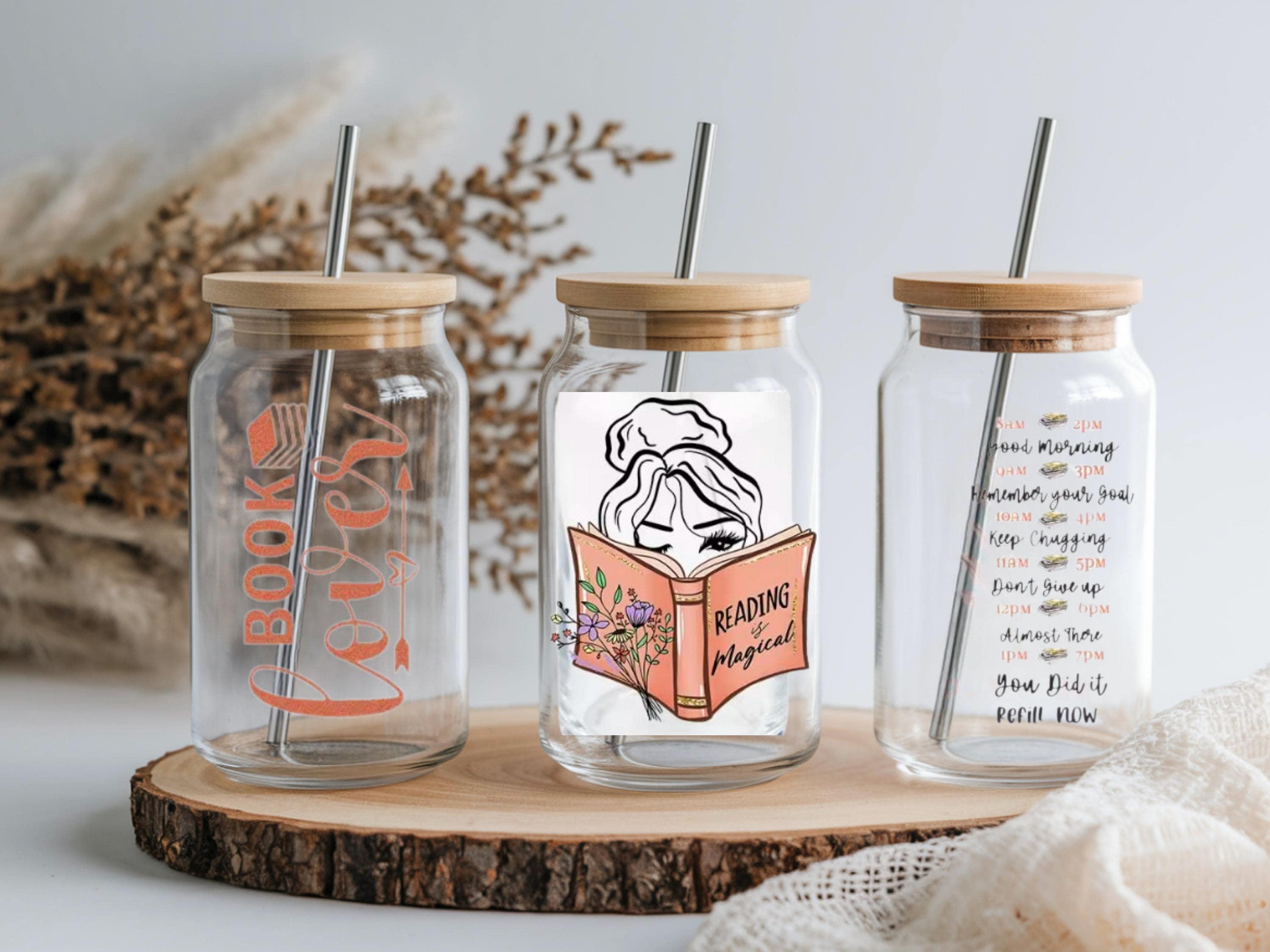 Book Lover Glass Cup 16oz Iced Coffee Glass Kindle Reader Gift Bookish Drinkware Book Club Coffee Cup