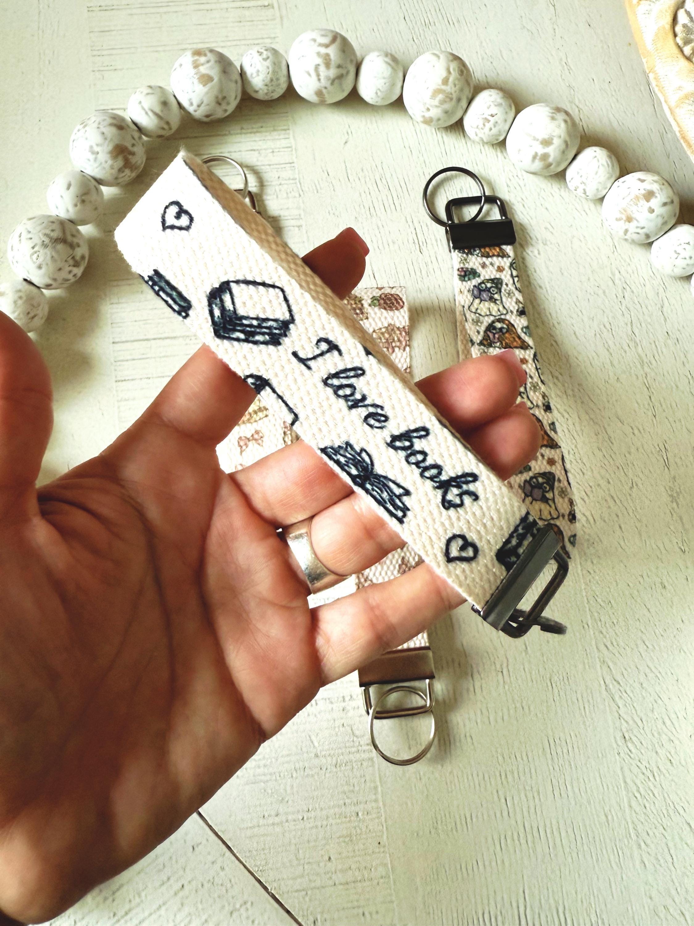 Book Lover Wristlet Keychain Canvas Key Fob Bookish Reader Gift Book Club Accessory I Love Books Wristlet Keychain for Readers everyday uses