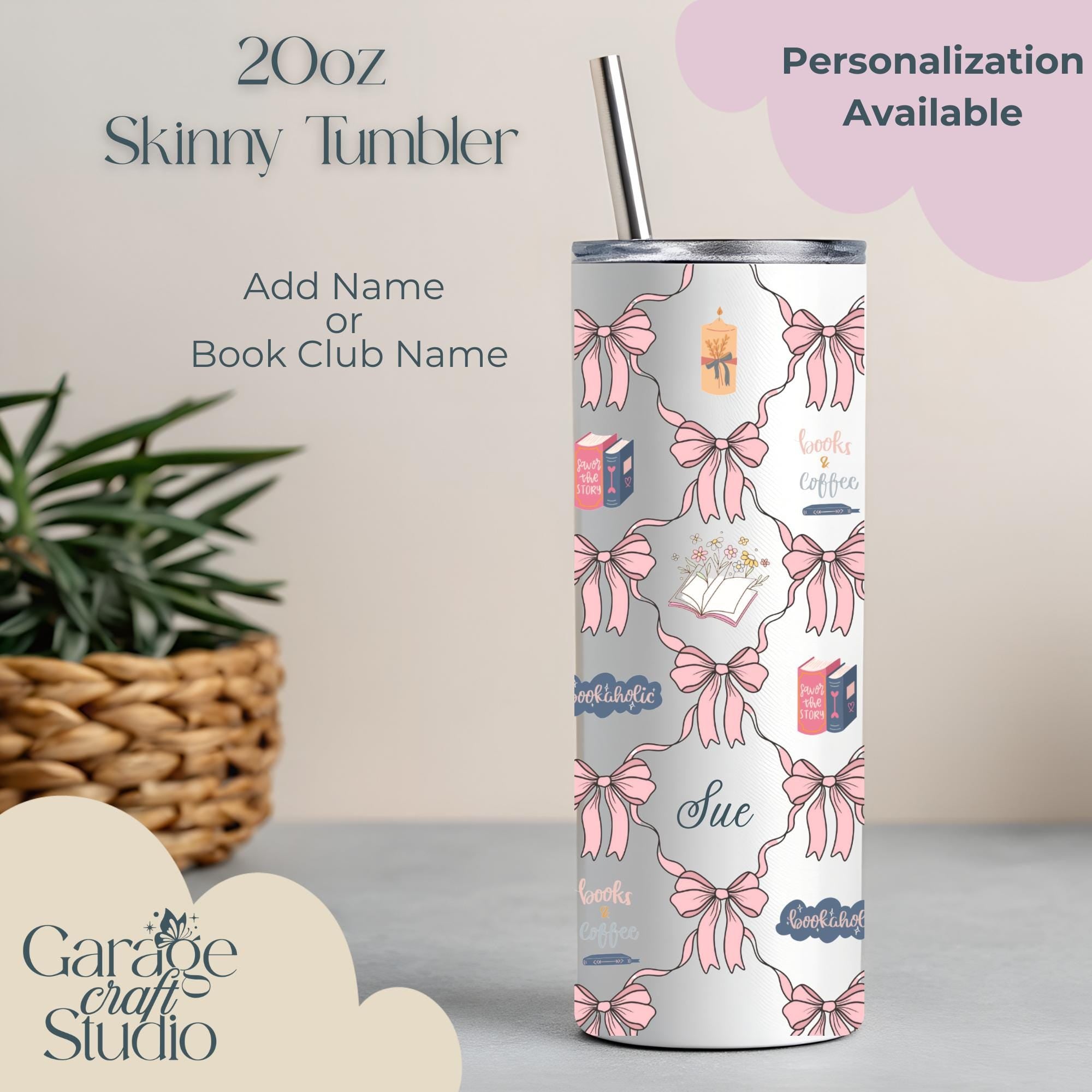 Bookish 20 Ounce Tumbler Personalized Book Lover Cup Books and Coffee Slim Stainless Steel Custom Name Cup Everyday Gift for Book Lover