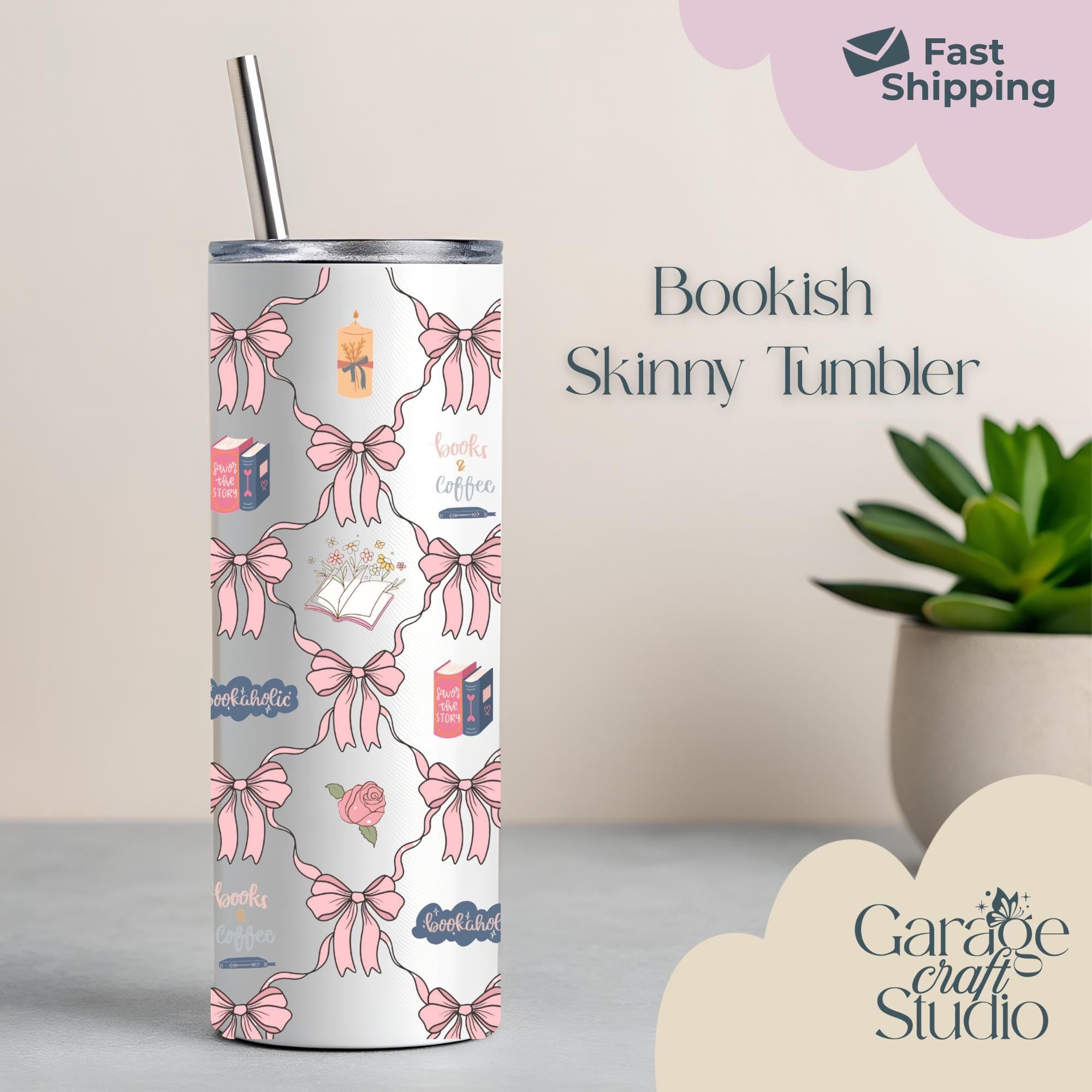 Bookish 20 Ounce Tumbler Personalized Book Lover Cup Books and Coffee Slim Stainless Steel Custom Name Cup Everyday Gift for Book Lover